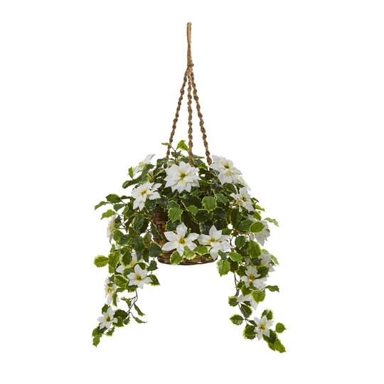 3.5ft. Real Touch Poinsettia and Variegated Holly Artificial Plant in Hanging Basket